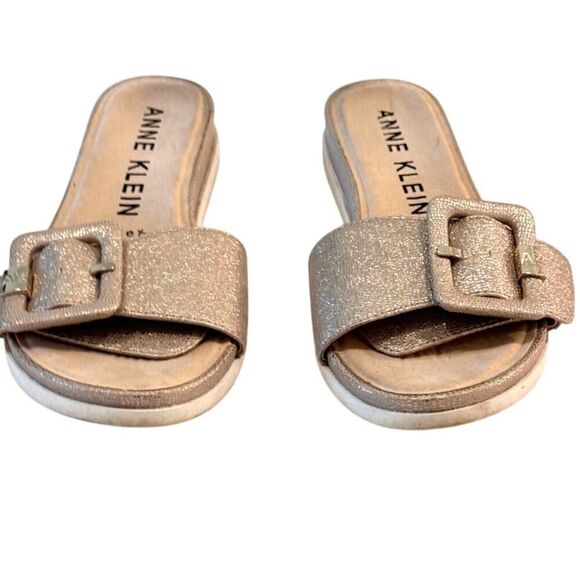 Anne Klein Iflex AKShanna Gold Metallic Buckle Slide Sandals Size 6.5M GUC - Picture 2 of 8